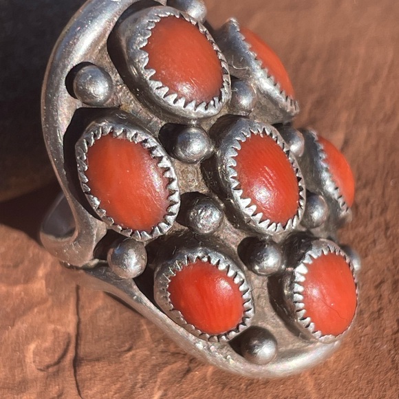 Zuni Accessories - UNIQUE Native American Original Silver and Real Coral Ring. F.